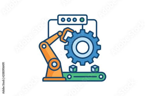 Industrial Robotic Arm and Gear Vector Illustration