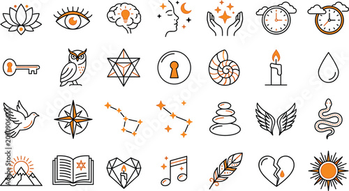Fotografie Esoteric spiritual and mystic line icons set featuring astrology magic symbols o