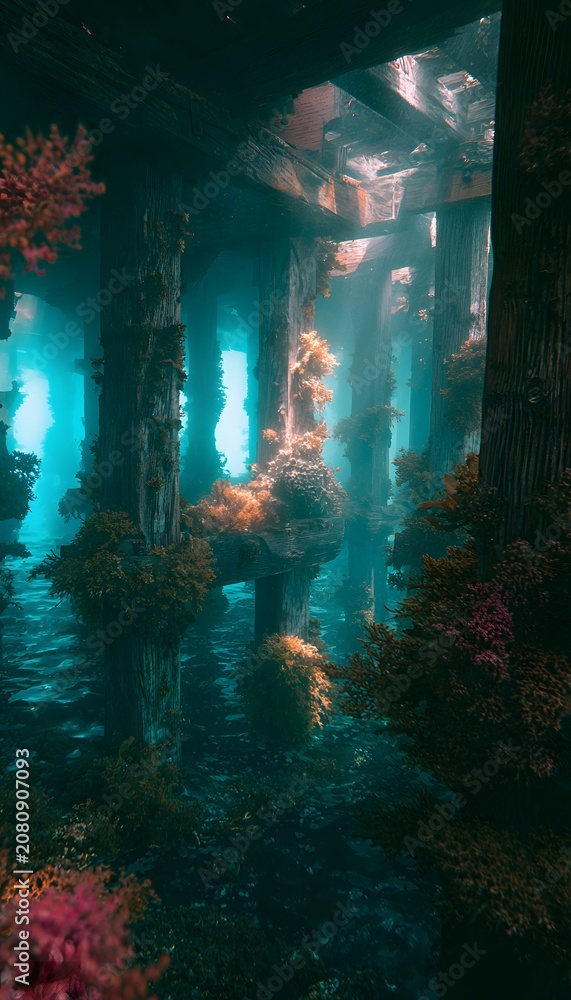 Fototapeta premium Sunken pier reveals a tranquil underwater world of coral and forgotten history’s embrace