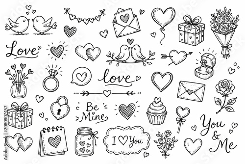 Set of hand drawn doodle hearts and love elements