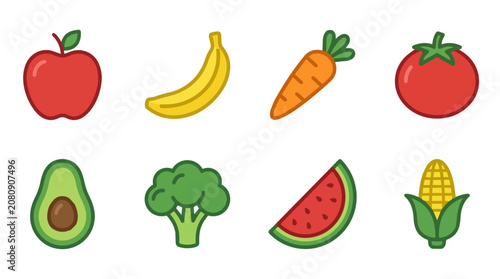 Fruits and Vegetables Icon Set of 8 Flat Vector Icons Apple Banana Carrot Tomato Isolated on Transparent Background for Healthy Food Design