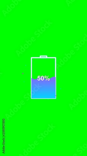 Battery charging indicator with animated percentage on green screen