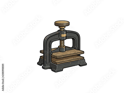 Schilderij op canvas Old-Fashioned Bookbinding Clamp Press With A Heavy Metal Frame, Wooden Pressing