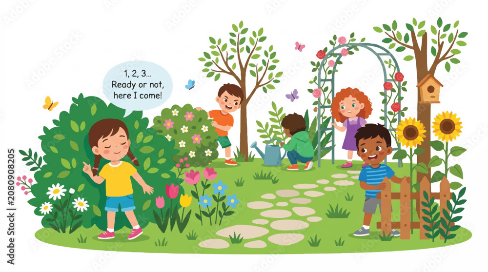 Fototapeta premium Joyful children exploring a sunny garden and park with trees, flowers, and paths in a bright outdoor scene.
