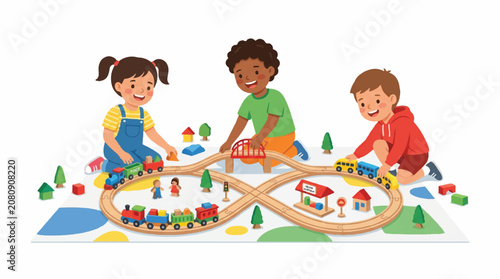 Children playing with colorful wooden train set on floor scene for playful learning enjoyment.