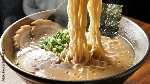 Steaming Bowl Of Tonkotsu Ramen With Tender Pork And Fresh Green Onions Served With Chopsticks In A Cozy Setting