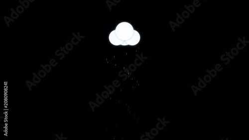 Minimalist animated glowing white cloud with falling rain on black background.