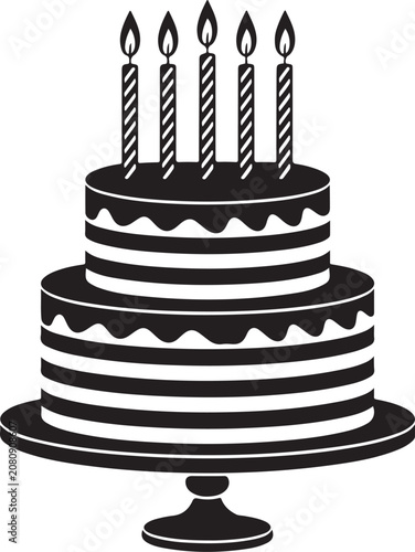 Black Birthday Cake Silhouette with Five Candles Vector