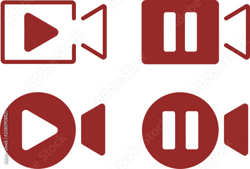 Media icon set, play button, pause icon, camera, film reel, and video player symbols for streaming platforms, video editing, and digital media.