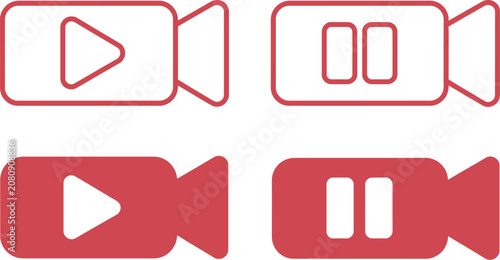 Media icon set, video player controls, camera, clapperboard, and film reel symbols for multimedia, broadcasting, streaming, and content creation.