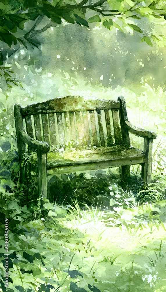 Obraz premium Forgotten garden bench evokes quiet solitude a tranquil scene of weathered beauty and peaceful escape