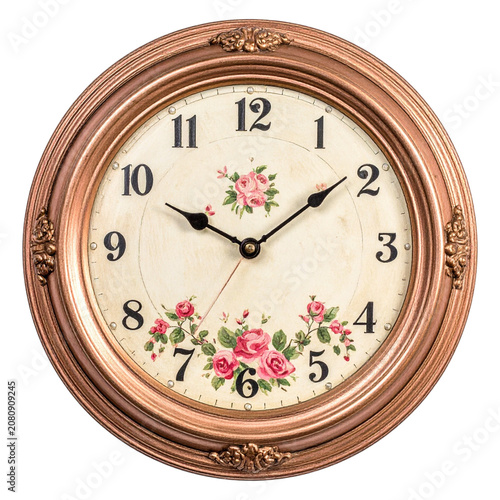 Traditional antique bronze table clock with beautiful rose floral dial face classic vintage mechanical timepiece element for graphic