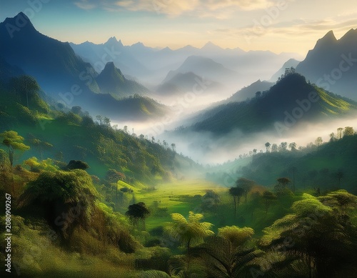 misty mountain valley landscape lush green jungle fog and distant peaks