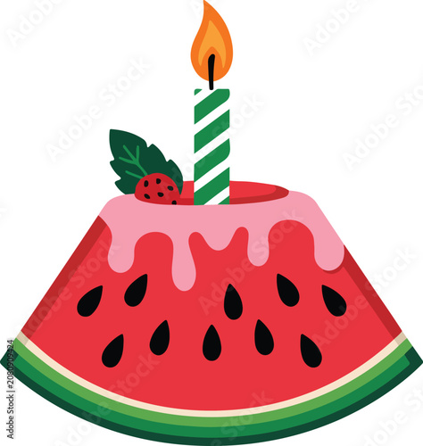 Watermelon Slice Birthday Cake with Candle Flat Vector