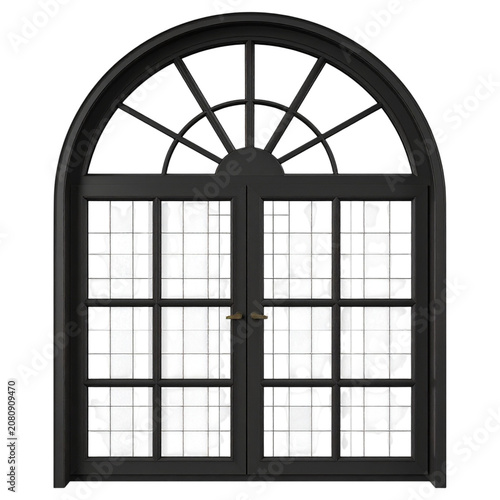 Sleek black arched window frame with grid pane pattern modern minimalist home architecture design element for presentation graphic