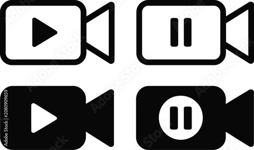 Media icon set, video player symbols, play button, pause icon, camera, film reel, and clapperboard icons for streaming, editing, and digital design.
