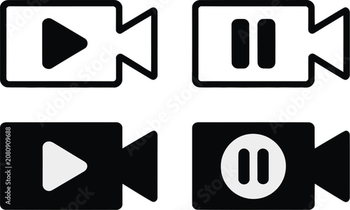 Media icon set, video symbols, play and pause buttons, camera graphics, film reel, and streaming icons for websites, mobile apps, and user interface design.