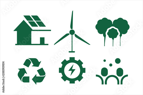 Set of green energy and environmental sustainability icons with sustainability