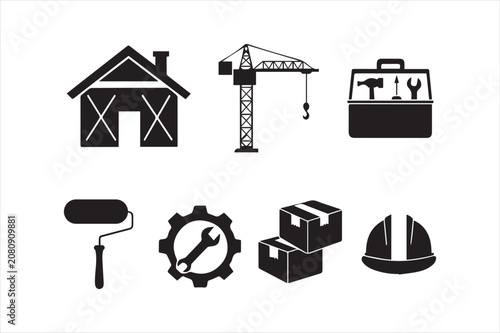 Set of construction and industrial work icons with construction, industrial