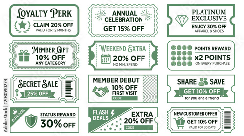 Bild auf Leinwand Collection of Various Decorative Green Discount Coupons and Reward Tickets for R