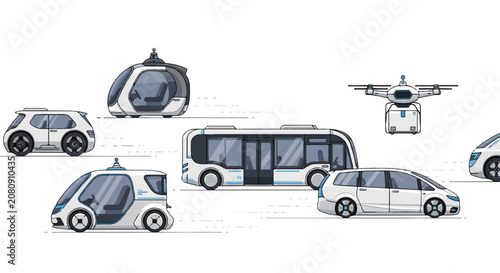 Collection of white vehicles including cars, buses, vans, drones and more in a transportation scene.