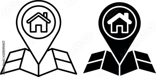 Minimalist map location icons with house pin markers in black and white
