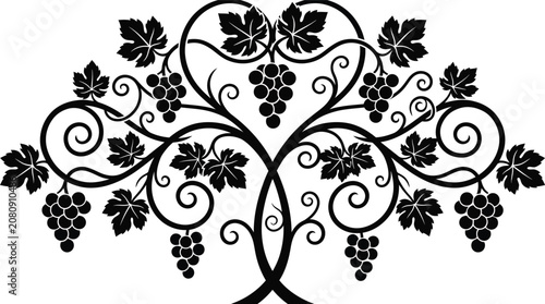 Tableau sur toile Elegant black and white vector illustration of a grapevine with curling tendrils and grape clusters, stylized in a symmetrical heart-shaped ornamental design for luxury branding