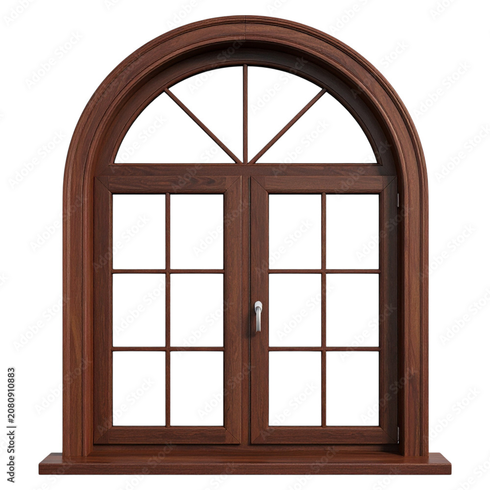 Fototapeta premium Simple brown wood arched window frame with twin vertical glass panes minimalist architectural design component country cottage style house window asset