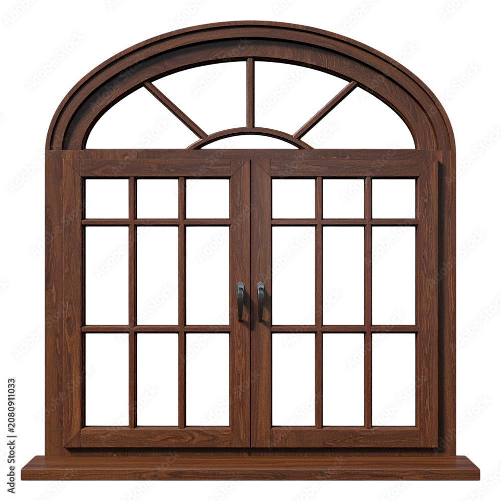 Fototapeta premium Wide dark brown wood window frame with semi arch top profile multi pane layout classic residential architecture design element house facade component