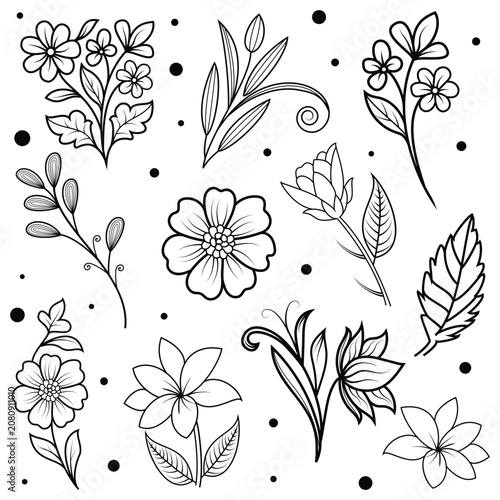 Black flower pattern silhouettes icons set,