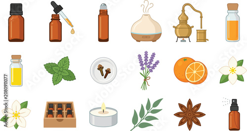 Fotografie Essential Oil and Aromatherapy Collection with Herbal Extract Bottles Diffuser L