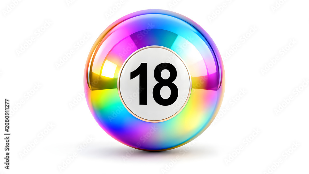 Obraz premium Pool ball with number eighteen iridescent sphere on a white background