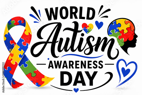 World autism awareness day text with colorful puzzle ribbon