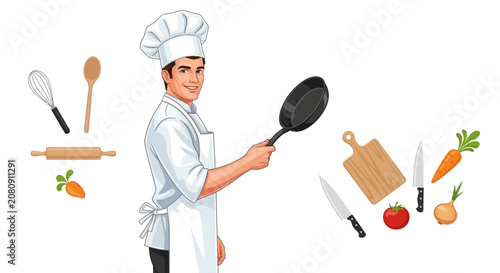 Smiling chef in white uniform holding frying pan with kitchen utensils and vegetables on isolated white background vector
