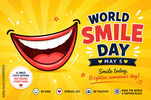 World smile day greeting card design with pixel art mouth
