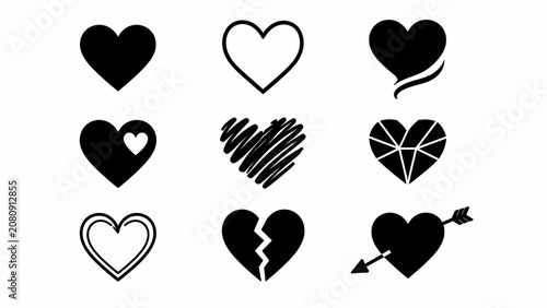 Set of nine black heart icons in pixel art style