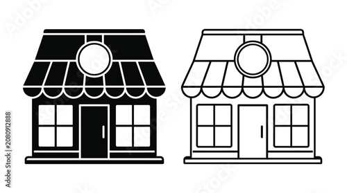 Storefront Building With Awning And Circle Black And White Silhouette