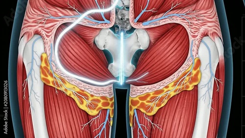 Stylized High-Tech Representation of a DEXA Scan Cross Section of a Human Thigh Anatomy with Muscle and Fat Visualization for Medical and Educational Use