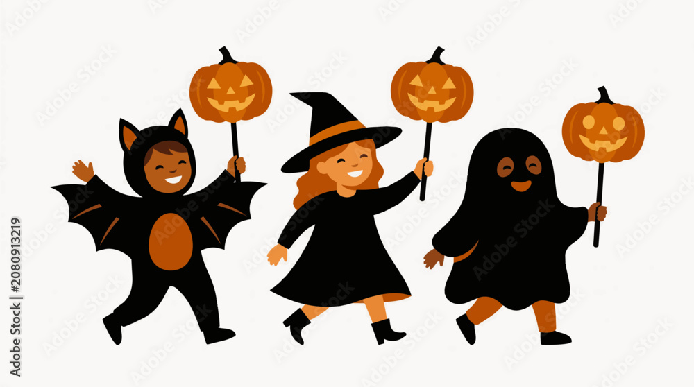 Fototapeta premium Three happy children wearing diverse costumes for a fun halloween trick or treat celebration with carved jack o lantern pumpkins