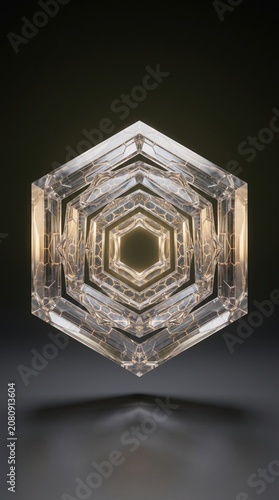 Floating Hexagonal Crystal Structure Suspended in Dark Minimalist Space