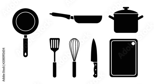 Foto Kitchen utensils and cookware icons in black silhouette