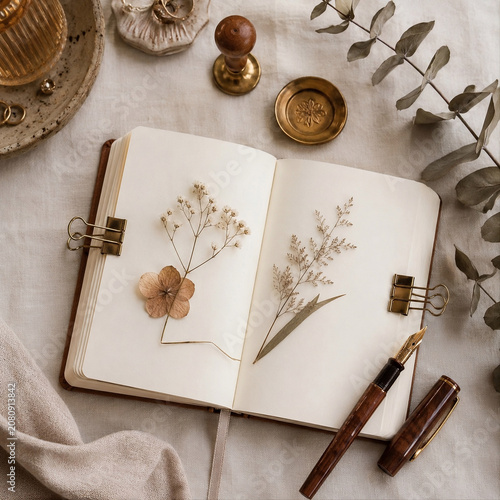 Open notebook with pressed dried flowers and fountain pen