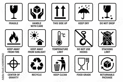 Set of black shipping and handling cargo package icons
