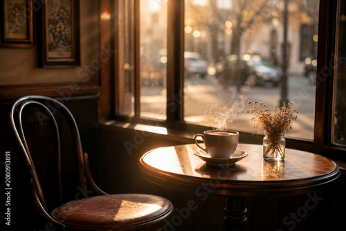 Steaming cup of coffee on a cafe table at golden hour