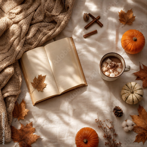 Open book with hot cocoa and autumn decorations