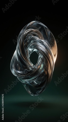 Abstract swirling glass sculpture floating in dark space with cinematic lighting