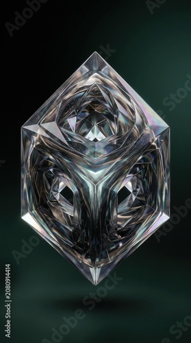 Floating transparent crystal cube with intricate internal geometric structures