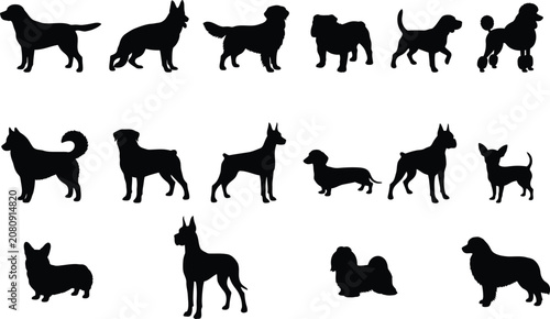 Quadro su tela Dog Silhouette Collection Set with Popular Breeds Standing Walking and Sitting V