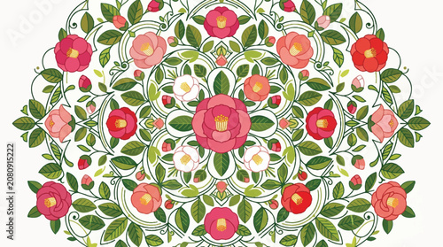Colorful floral mandala design composed of pink and red blossoms with green leaves in a circular decorative pattern.