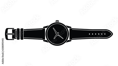 Wristwatch With Leather Strap And Buckle Black Silhouette